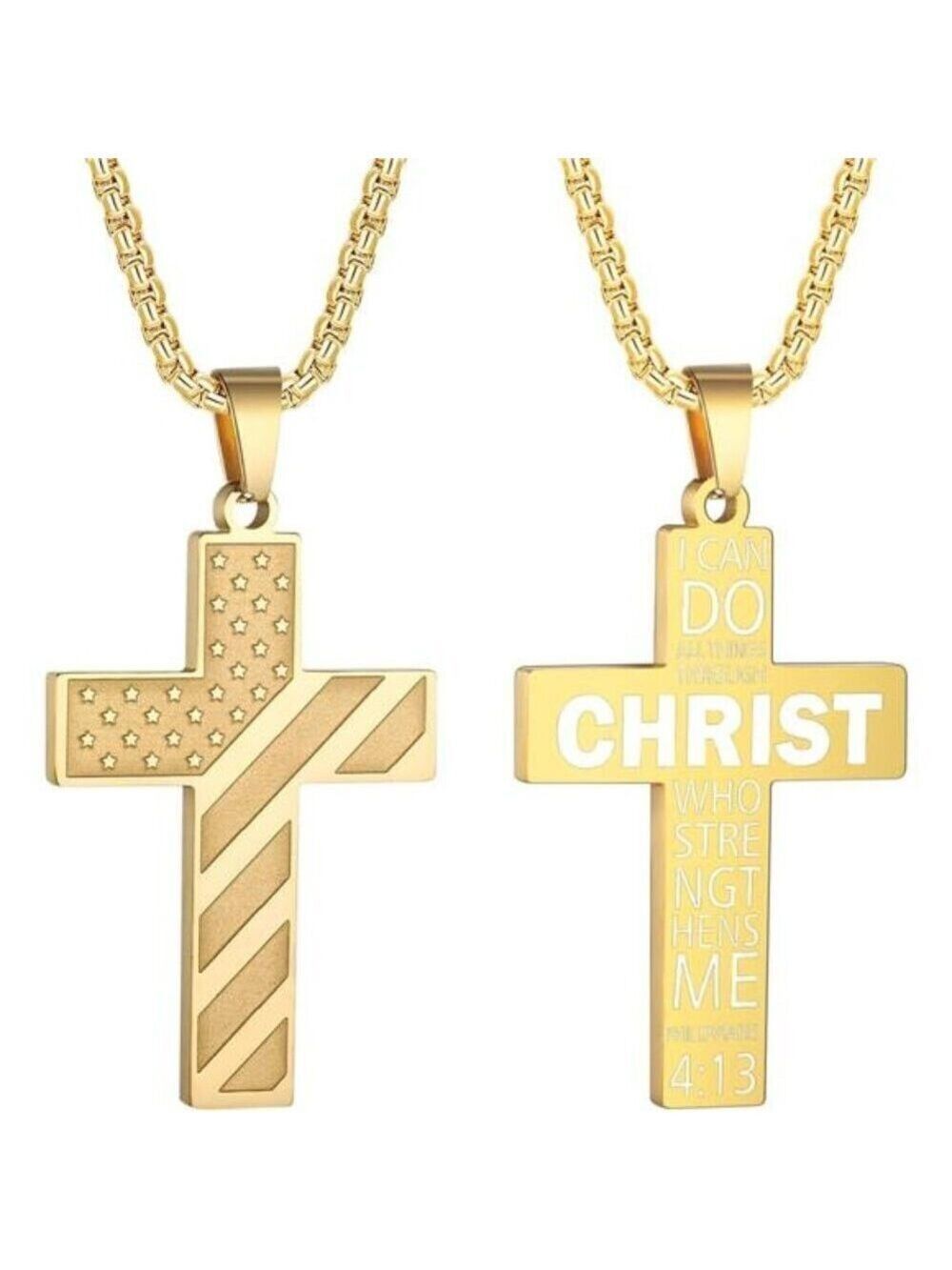 Gold American Flag Christ Cross Necklace Men Stainless Steel Box Chain 22 inch